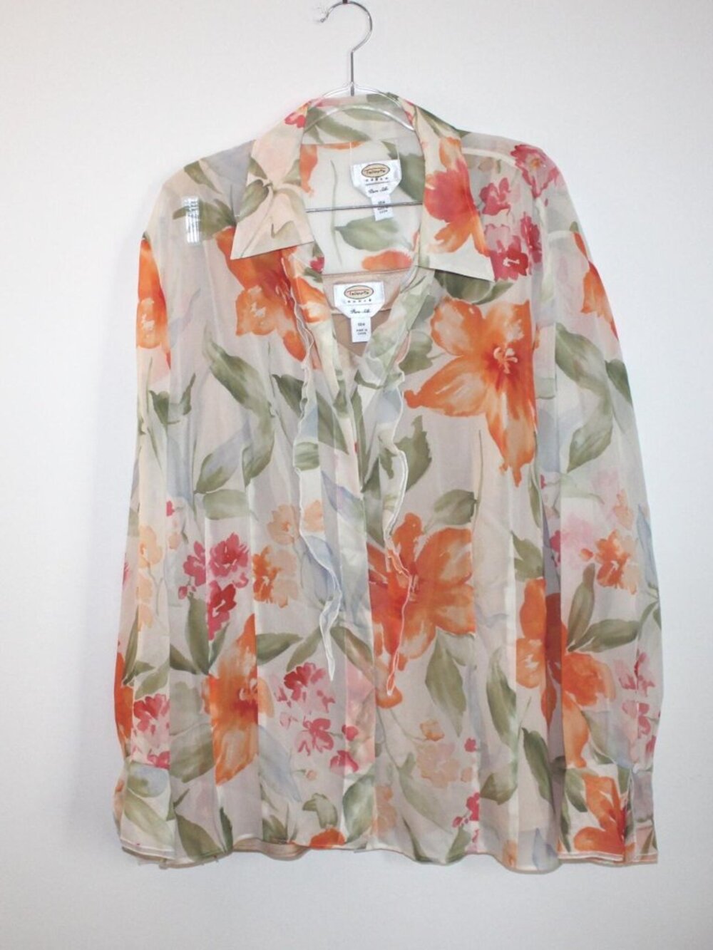 Talbots Woman 100% Silk 2-Piece Set Size 18W Sheer Floral Blouse & Tank Top